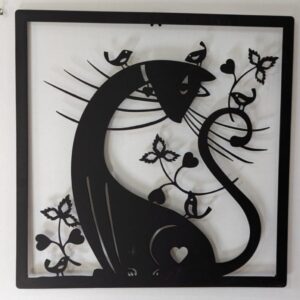 Long Nacked Cat with Birds Metal Wall Decor