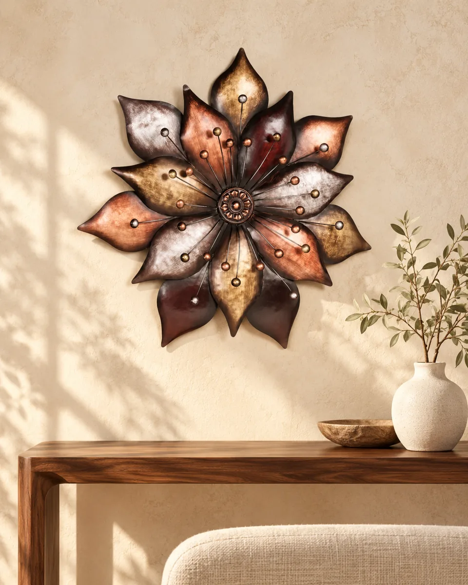 A styled room illustration featuring sculptural flower wall décor